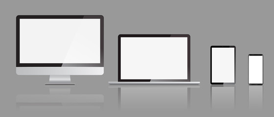 Set of realistic Monitors laptop tablet and smartphone display mockups with front view. Vector illustration.