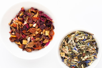 Herbal tea on a white background. Top view.