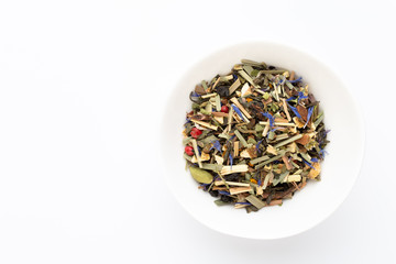 Herbal tea on a white background. Top view.