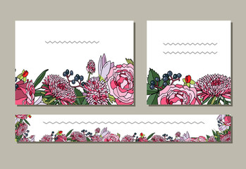 Floral templates with cute bunches of pink roses and chrysanthemums. For romantic design, banners, announcements, greeting cards, postcards, posters, advertisement. Hand drawn illustration, isolated