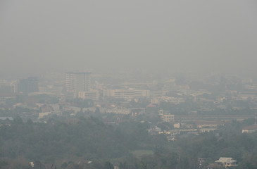 Bad air-pollution (PM2.5) covered Chiang Rai town, the Northern province in Thailand. PM2.5 levels...
