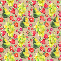 Watercolor seamless pattern with hand drawn fresh juicy fruits