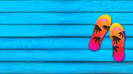 Blue sky plank board represent at summer season decorated by slippers over the board on the right hand side, slippers color tone is sunset gradient and silhouette of coconut trees