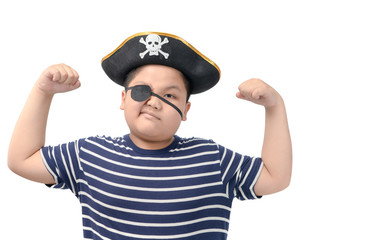 fat boy wearing a pirate costume show muscle