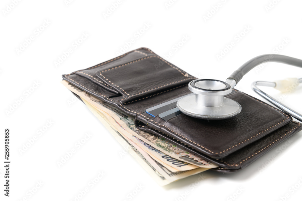 Wall mural Stethoscope on wallet isolated on white background.