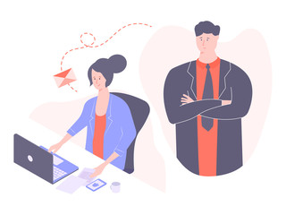 Chief and subordinate. Employee works on a computer at the office desk. The boss stands by and controls the process. Vector illustration.