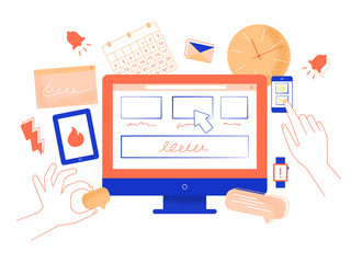 Self-management, projects, internet surfing, day planning. Set of colorful objects with the effect of noise: a computer, a hand holds a message bubble, scrolls the news feed on the phone, devices.