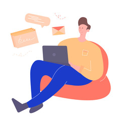 Young hipster guy is sitting in a bean bag chair with a laptop. Remote work, freelancing, online training. Checks mail, writes letters, looking for information on the Internet. Vector illustration.