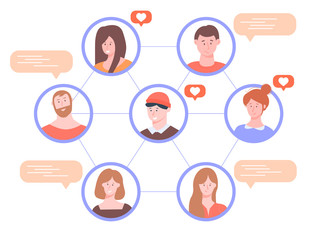 Communication between people in social networks. Messaging and likes. Vector illustration on white background.