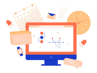 Concept illustration. Deadline, project execution, effective work. Desktop designer, programmer, manager. Set of objects: monitor, calendar, notification bell, smart watch, envelope, browser.