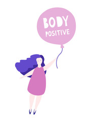 Fototapeta na wymiar Body positive poster, happy women holding balloon. Vector card.
