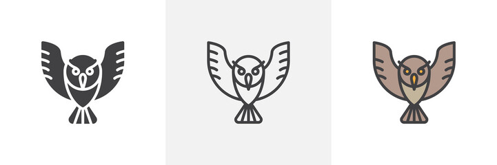 Owl bird icon. Line, glyph and filled outline colorful version, Flying owl animal outline and filled vector sign. Wisdom symbol, logo illustration. Different style icons set. Vector graphics