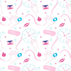 Fototapeta na wymiar Girlish seamless pattern in pink colors. Tenderness, gossip, social networks, girlfriends.