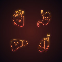 Sad human internal organs neon light icons set