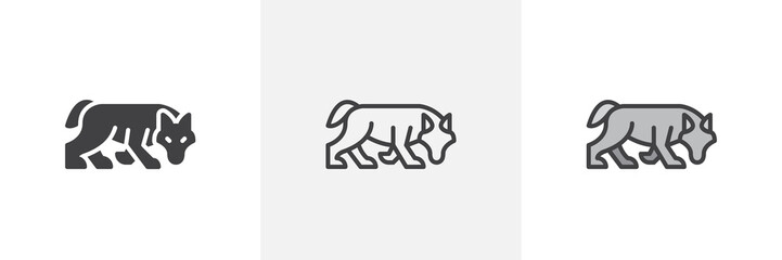 Hunting wolf icon. Line, glyph and filled outline colorful version, wolf predator animal outline and filled vector sign. Symbol, logo illustration. Different style icons set. Vector graphics