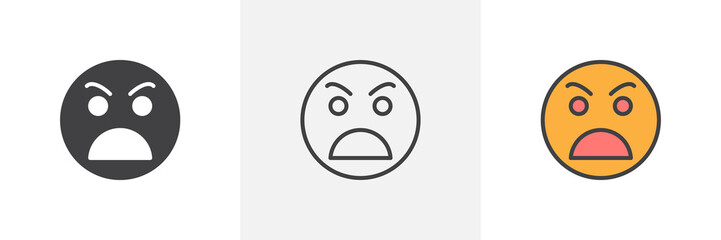 Grimacing angry smiley icon. Line, glyph and filled outline colorful version, Angry face emoticon outline and filled vector sign. Symbol, logo illustration. Different style icons set. Vector graphics