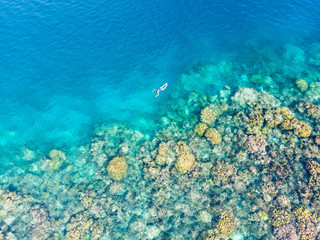 Naklejka na ściany i meble Aerial top down people snorkeling on coral reef tropical caribbean sea, turquoise blue water. Indonesia Banyak Islands Sumatra, tourist diving travel destination.
