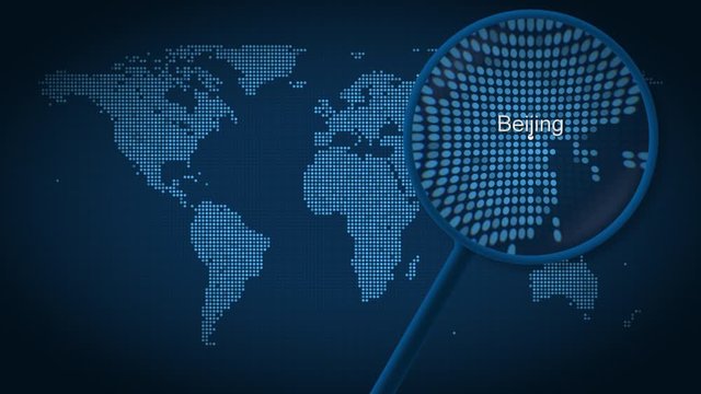 Magnifying glass searches and finds the city of Beijing on dotted world map. Intro animation