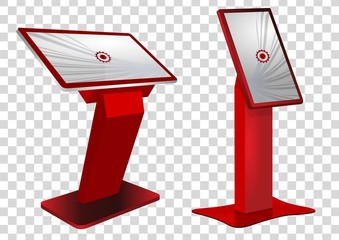 Two red Promotional Interactive Information Kiosk, Advertising Display, Terminal Stand, Touch Screen Display. Mock Up Template.