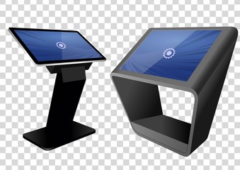 Two Promotional Interactive Information Kiosk, Advertising Display, Terminal Stand, Touch Screen Display isolated on transparent background. Mock Up Template.