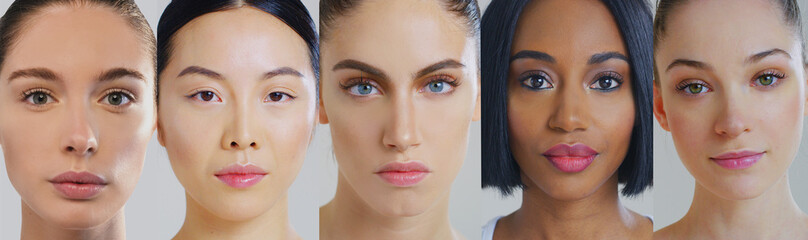 Collage of portraits of women of different ethnicities with beautiful faces and perfect skin just cleaned from impurities ready for day or night cream looking in camera. - obrazy, fototapety, plakaty