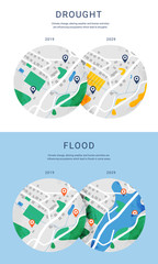 Drought and Flood infographic maps. Modern flat design vector illustration. - 255909628