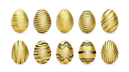 Easter. Vector illustration, golden eggs isolated on white background with shadow. Easter eggs