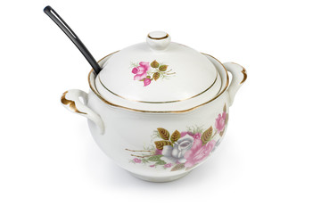 Vintage ceramic white painted tureen with black ladle