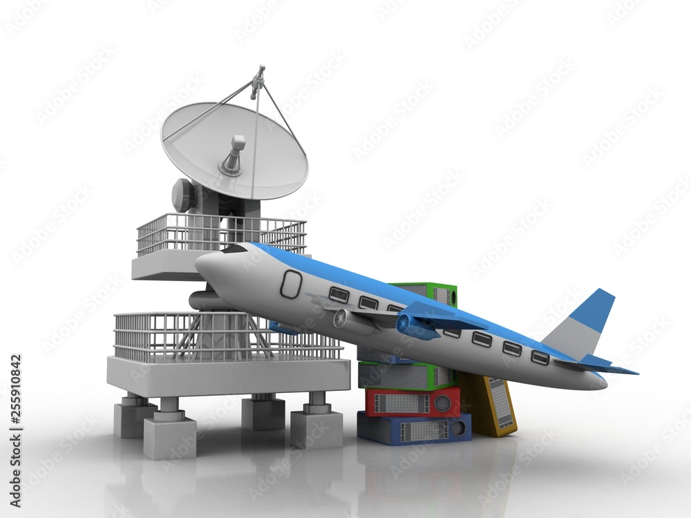 Poster satellite dish and spaceship with folder network near flying air plain, 3d rendering