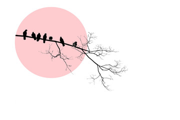Black silhouette of bare tree with birds doves on branch on pink circle. Minimalistic design, white background