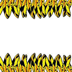 Bright frame of colorful bird feathers.. Concept of the yellow feathers for the design of...
