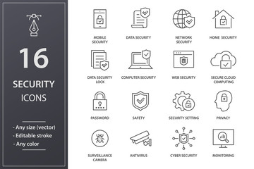 Security line icons set. Black vector illustration. Editable stroke. 