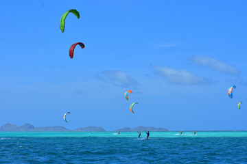 People practicing kitesurfing on a beautiful summer day - Caribbean - Archipelago of Los Roques - Venezuela