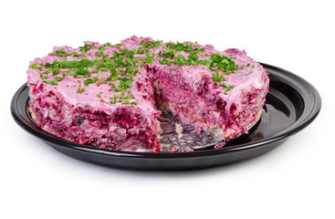 Salad of pickled herring with vegetables, so-called dressed herring