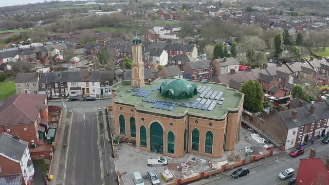 Aerial view of Gilani Noor Mosque in Longton, Stoke on Trent, Staffordshire, the new Mosque being built for the growing muslim community to worship and congregate