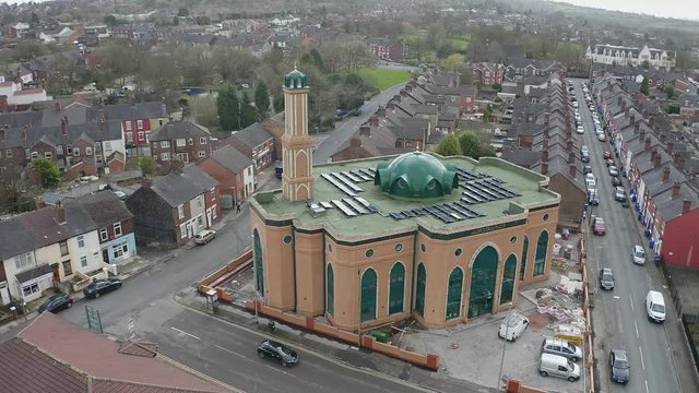 Aerial view of Gilani Noor Mosque in Longton, Stoke on Trent, Staffordshire, the new Mosque being built for the growing muslim community to worship and congregate