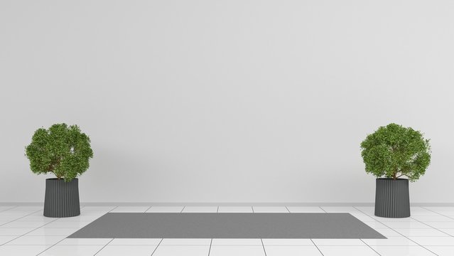 Interior mock up with green plant in pot in room with white wall. and tiled floor. Mockup. 3D rendering. Template