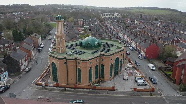 Aerial view of Gilani Noor Mosque in Longton, Stoke on Trent, Staffordshire, the new Mosque being built for the growing muslim community to worship and congregate
