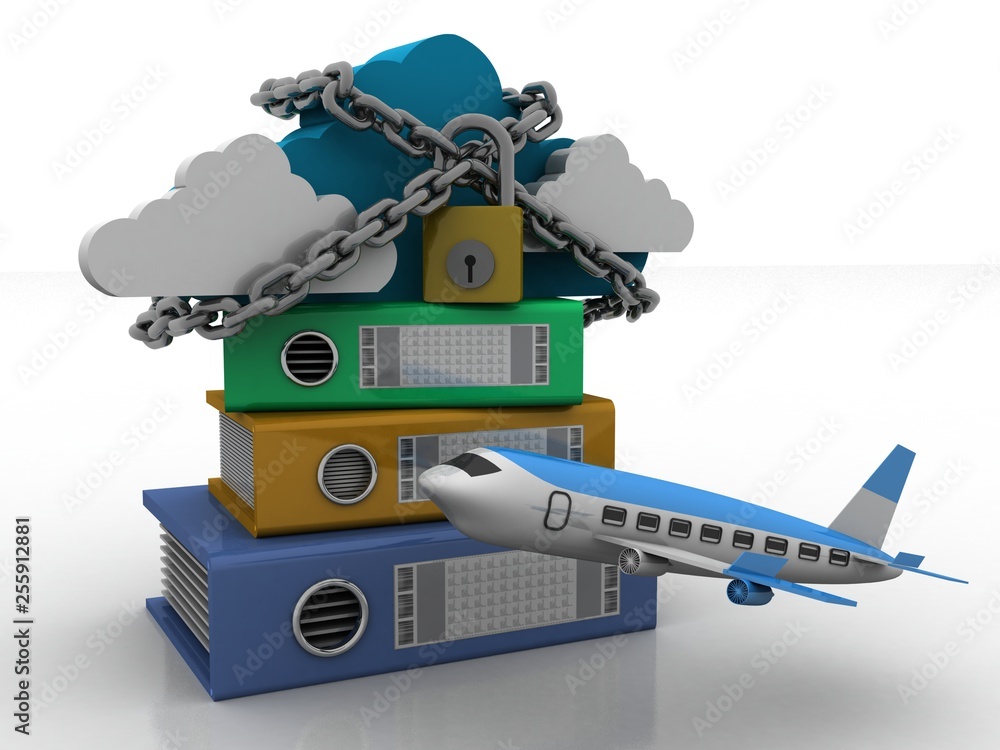 Aufkleber 3d rendering cloud folder lock with flying airplane