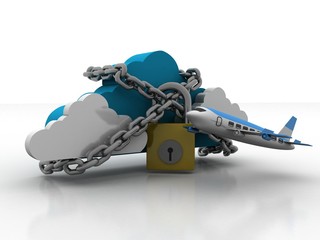 3d rendering Cloud computing, security with flying airplane