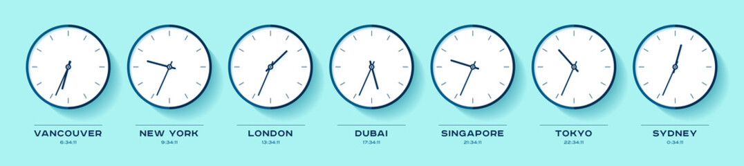 World time. Simple Clock icons in flat style. Vancouver, New York, London, Dubai, Singapore, Tokyo, Sydney. Black Watch on white background. Business illustration for you presentation. Vector design