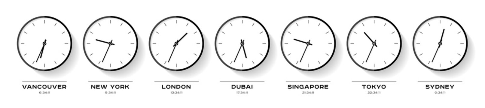 World time. Simple Clock icons in flat style. Vancouver, New York, London, Dubai, Singapore, Tokyo, Sydney. Black Watch on white background. Business illustration for you presentation. Vector design