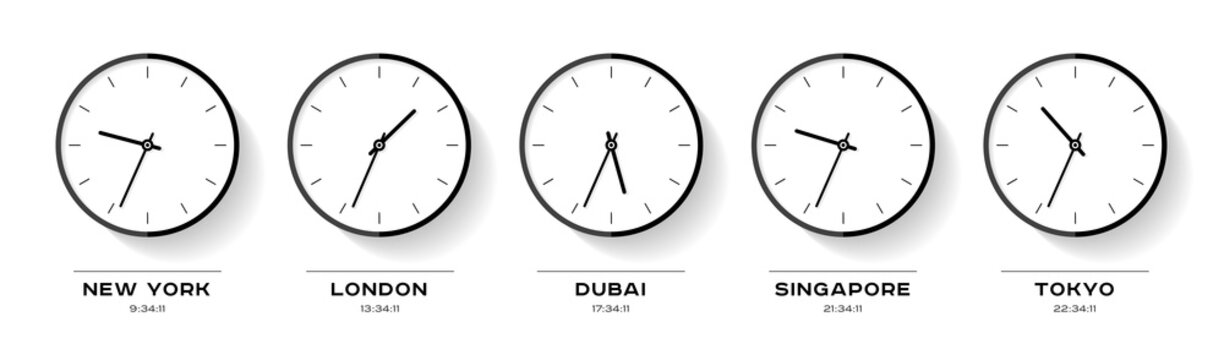 World time. Simple Clock icons in flat style. New York, London, Dubai, Singapore, Tokyo. Black Watch on white background. Business illustration for you presentation. Vector design objects