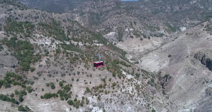 Aerial shot of a cable car in the Urique Canyon in Divisadero, Copper Canyon Region, Chihuahua.