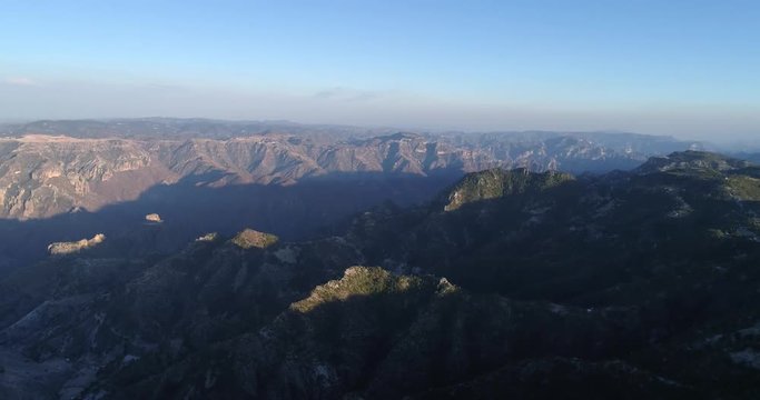 Aerial jib down shot of the epic Urique Canyon at sunset in Divisadero, Copper Canyon Region, Chihuahua.
