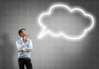 Elegant banker wearing red tie and cloud as idea concept