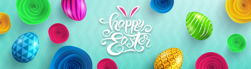Easter Poster with paper flower and colorful Painted Easter Eggs.Easter eggs with different texture on white background.Promotion and shopping template for Easter Day.Vector illustration EPS10