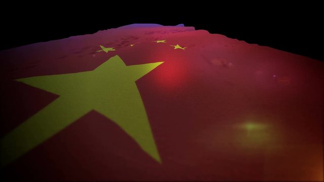 Exciting 3d rendering of a large Chinese banner with a golden star and four small stars put in a semicircle in the red field flapping in black background. It moves up like a dynamic way. 