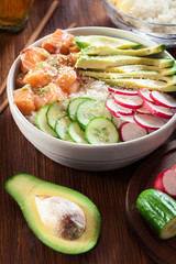 Poke bowl, traditional Hawaiian raw fish salad