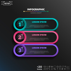 Vector infographic design with colorful circle on the black background. Business concept. 3 options, parts, steps. Can be used for graph, diagram, chart, workflow layout, number options, web